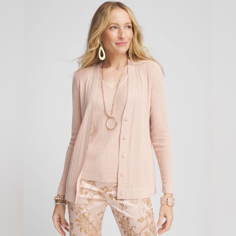 CHICO’S NWT L / 2 Lurex Ribbed Cardigan in Rose Smoke • Stretch Knit Sweater